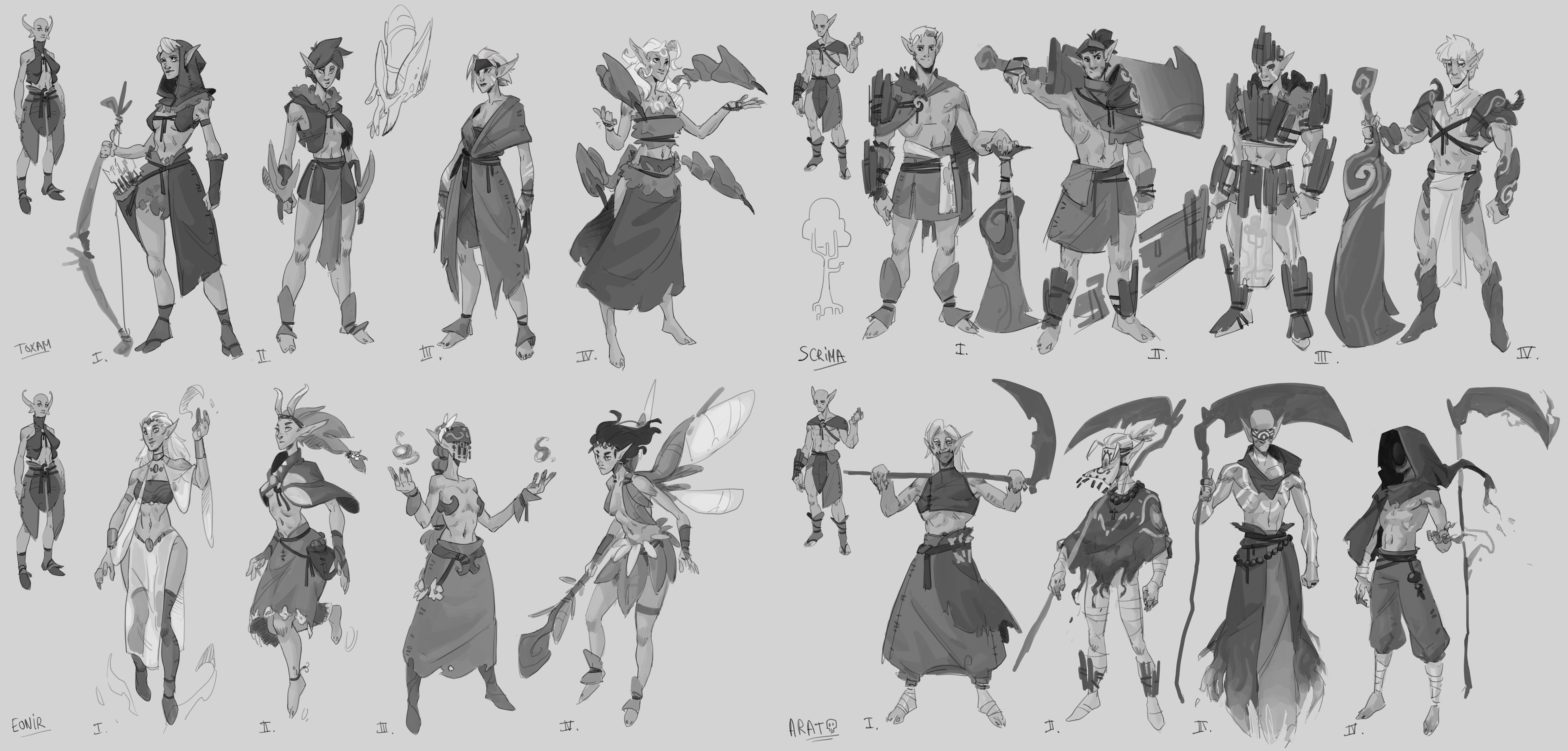 Concept art sheets for the four classes